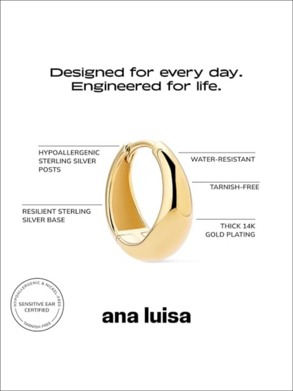 14K Gold Plated Hypoallergenic Hoop Earrings Women Water Resistant - Picture 2 of 6